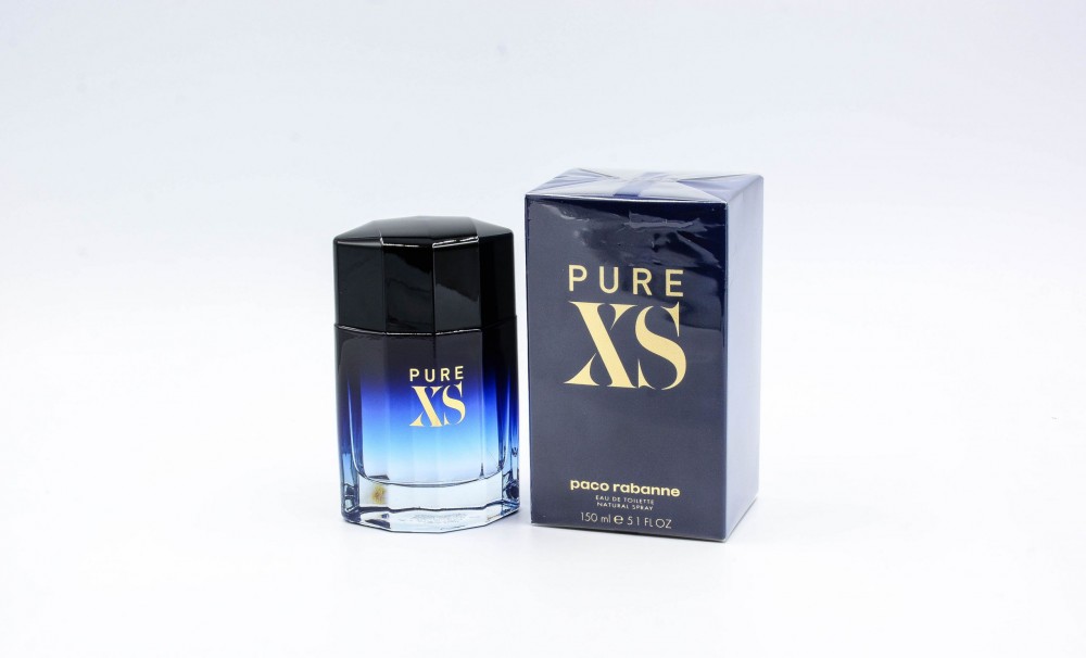 Paco Rabanne Pure XS Eau De Toilette 150ml spray features a sleek, black and blue gradient bottle with a geometric cap, alongside a matching blue box with gold lettering.