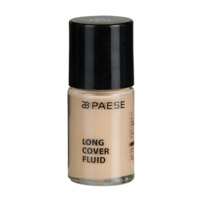 Beige liquid foundation in a clear glass bottle with a black cap, labeled "LONG COVER FLUID" and "Paese," designed for a smooth, long-lasting finish.
