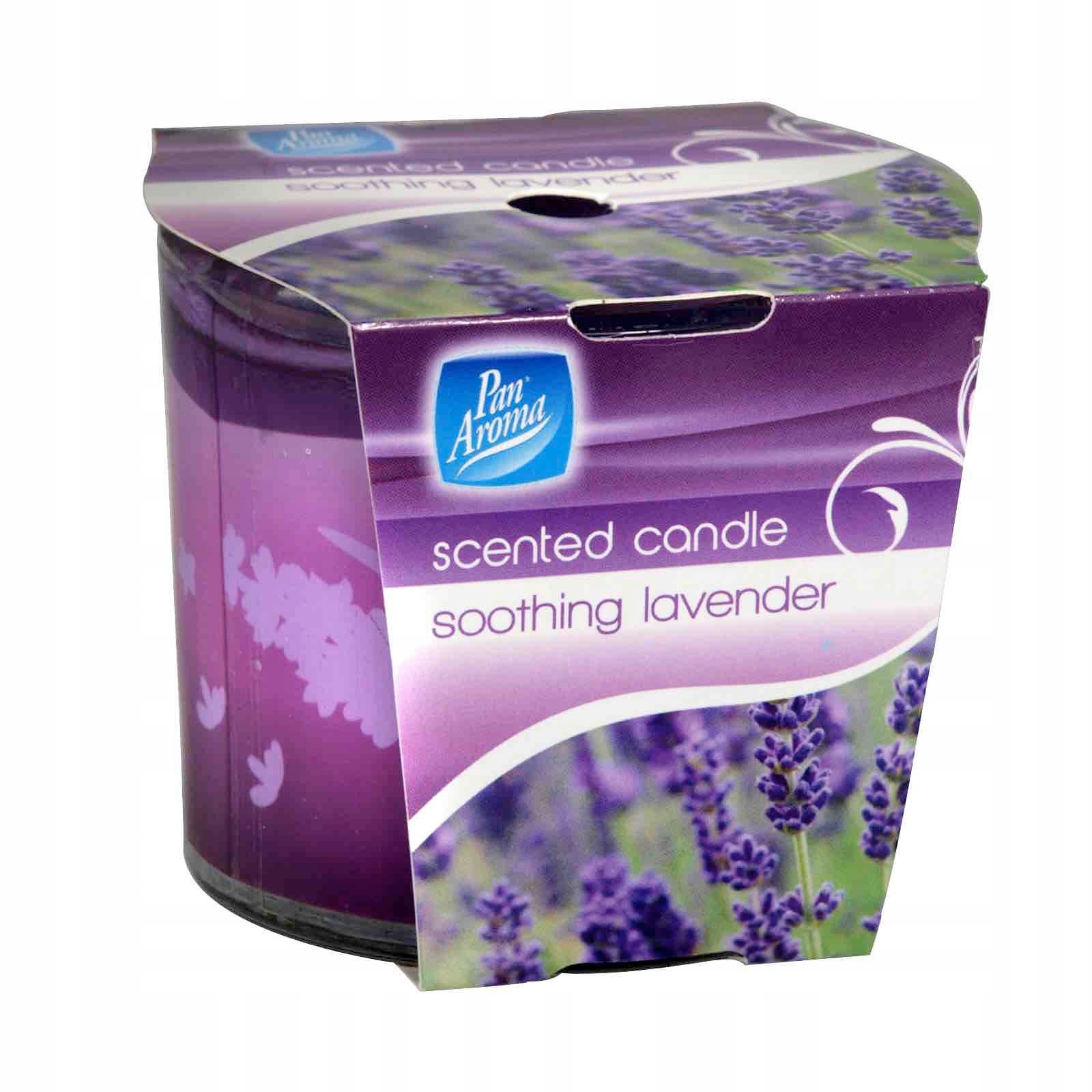 Purple container with a floral design, labeled "scented candle soothing lavender," featuring a lid and a 200g capacity by Pan Aroma.