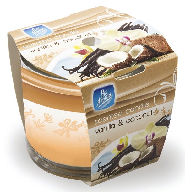 Scented candle in a clear glass jar with a light orange wax, packaged in a decorative cardboard box featuring vanilla and coconut imagery and floral designs.
