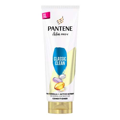 White tube with a flip-top cap, featuring a blue and gold label, labeled "Pantene Pro-V Classic Clean," designed for normal and dry hair, 350ml size.