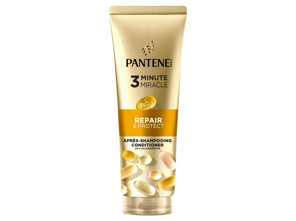Gold and white tube of Pantene Intensive Balm, labeled "3 Minute Miracle," featuring "Repair & Protect" in green text, with a glossy finish and colorful capsule graphics.