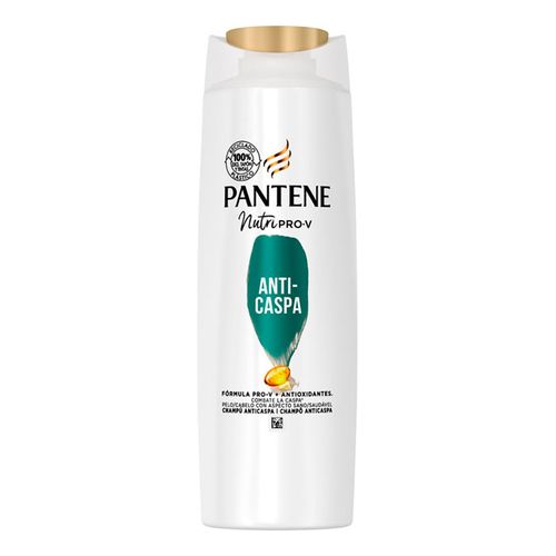 White shampoo bottle with a gold cap, featuring the Pantene logo and "ANTICASPA" label in green, emphasizing anti-dandruff benefits and Pro-V formula.