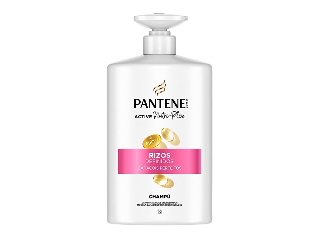 White bottle of Pantene shampoo with a pump top, featuring a pink label that reads "RIZOS DEFINIDOS CARAÇOS PERFEITOS," designed for defined curls, 800ml size.