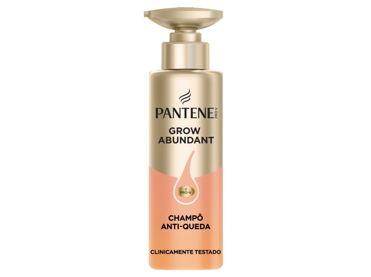 Gold and peach bottle of Pantene Grow Abundant Anti-Hair Loss Shampoo, featuring a pump top and clear label with product details and a droplet graphic.