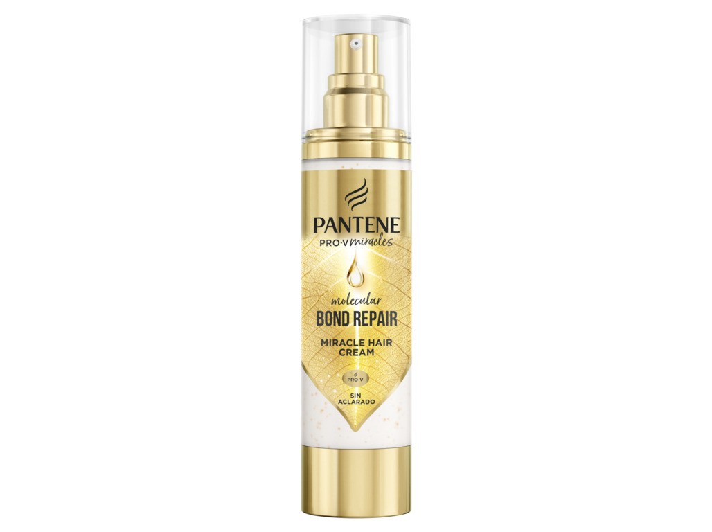 Pantene Miracle Bond Repair leave-in serum in a sleek, gold and white bottle with a pump dispenser, featuring a geometric design and the brand logo prominently displayed.