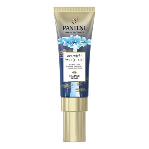 Pantene Pro-V Miracles 70 ml overnight hair serum in a blue and gold tube, featuring floral designs and key ingredients like biotin and hyaluronic acid.
