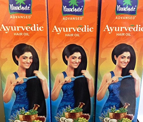 Parachute Ayurvedic Coconut Hair Oil 190ml packaging features vibrant orange and blue colors, showcasing a smiling woman with long hair, holding a comb, with coconut imagery.