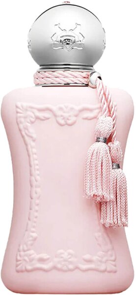 Delina Eau De Parfum by Parfums de Marly features a pink, ornate bottle with a textured design, topped with a silver cap and adorned with a tassel.