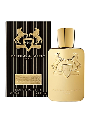 Gold and black box featuring two rearing horses and a shield, with a matching gold bottle embossed with the same design, labeled "Parfums de Marly Godolphin Eau De Parfum 125ml."