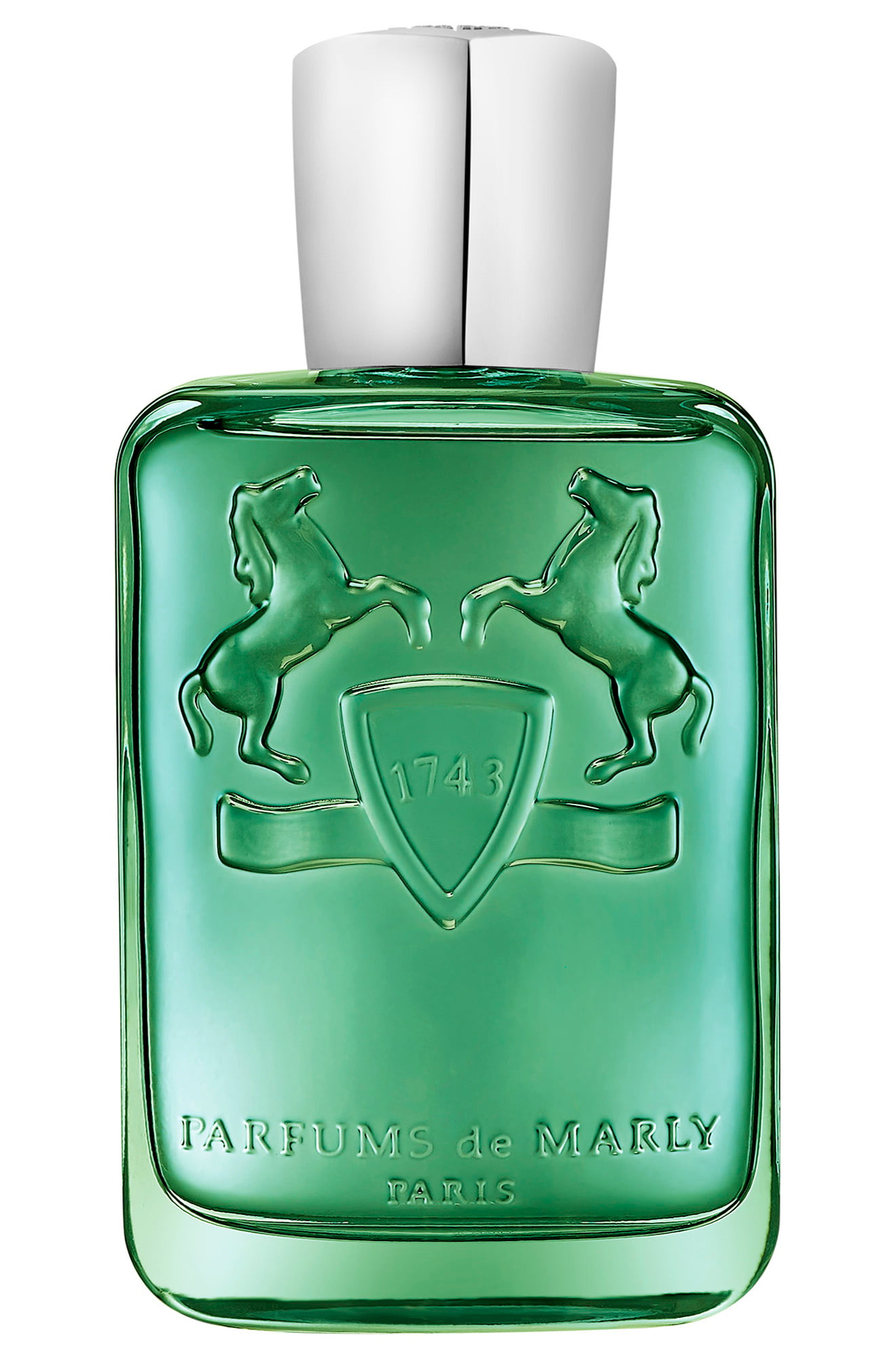 Clear glass bottle with a green tint, featuring a silver cap and embossed horses on the front, labeled "Parfums de Marly" and "1743" at the bottom.