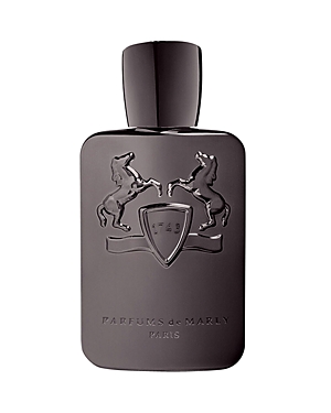 Black rectangular bottle with a glossy finish, featuring a silver emblem of two rearing horses and the brand name "Parfums de Marly" embossed on the front.