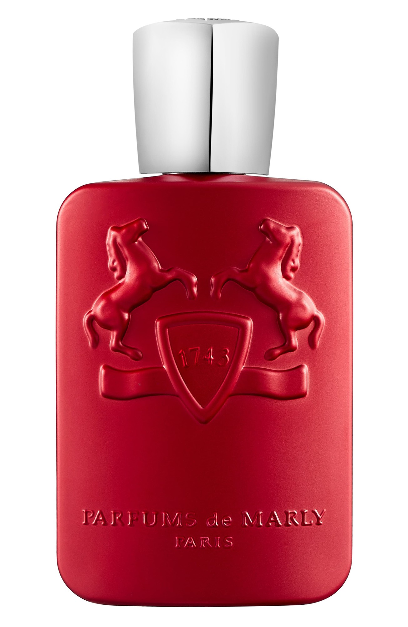 Deep red rectangular bottle with a textured horse emblem and silver cap, featuring "PARFUMS DE MARLY" and "1743" embossed on the front, containing 75ml of Kalan Eau De Parfum.
