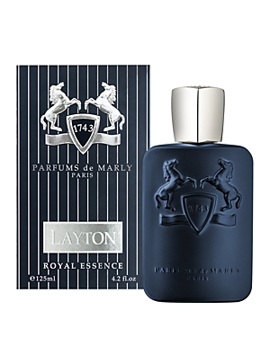 Navy blue glass bottle with a silver cap, embossed with a horse emblem, alongside a striped black and silver box labeled "Layton Royal Essence" by Parfums de Marly.