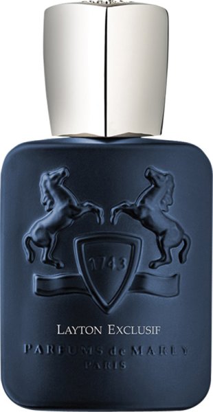 Navy blue rectangular bottle with a silver cap, featuring embossed horses and a shield, labeled "Layton Exclusif" and "Parfums de Marly Paris."