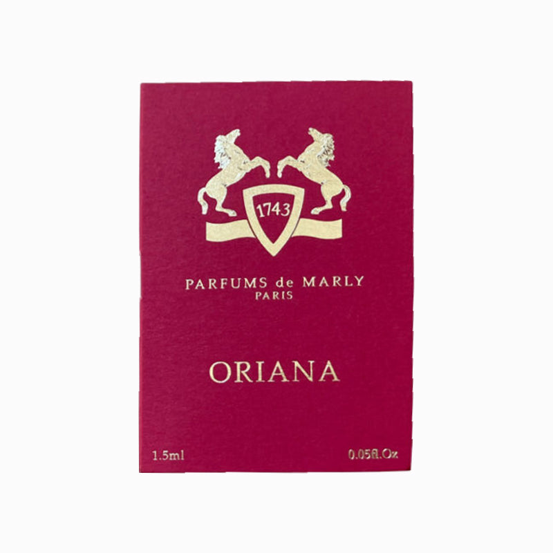 Deep burgundy box featuring gold embossed horses and text, labeled "Oriana" and "Parfums de Marly," with a size indication of 1.5ml at the bottom.