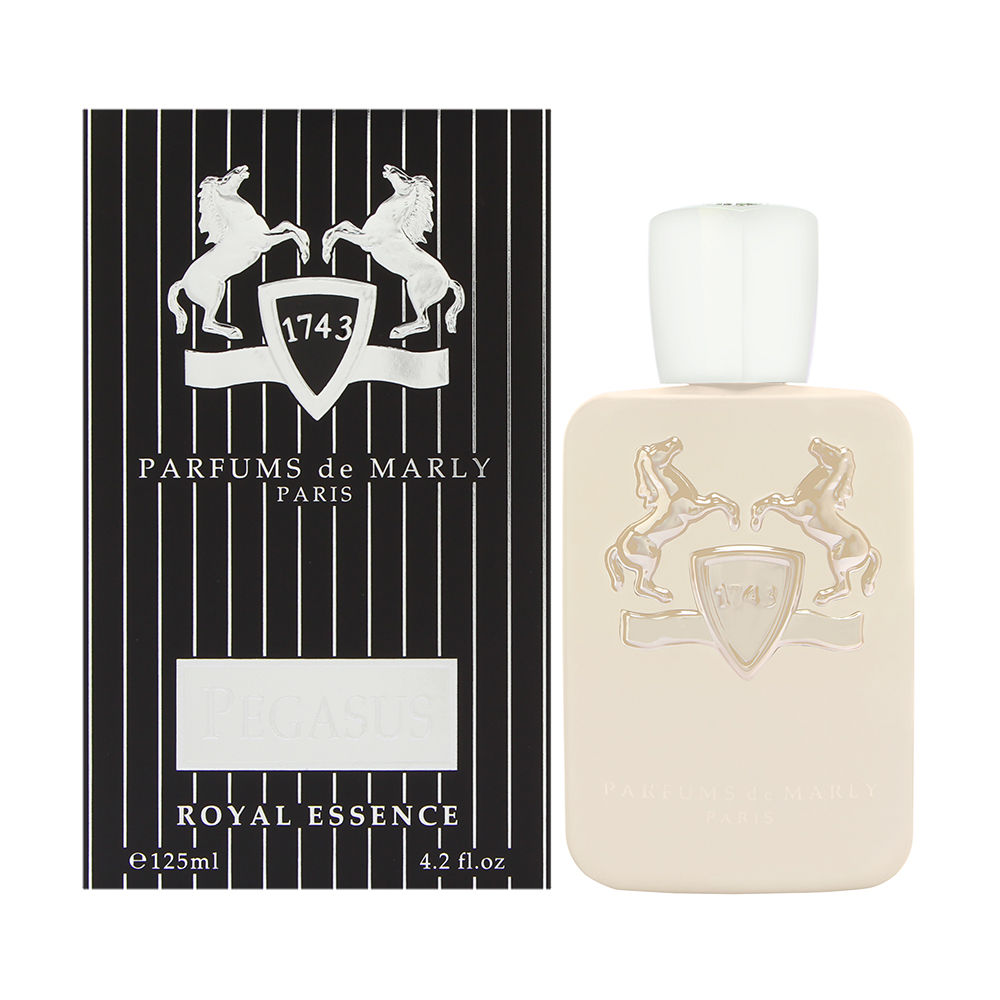 Elegant white bottle of Parfums de Marly Pegasus Eau De Parfum, 125ml, with a sleek design, featuring a horse emblem and a black striped box with gold accents.