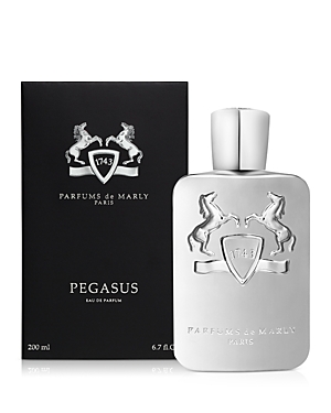 Clear glass bottle with a silver cap, featuring an embossed shield and two rearing horses, alongside a black box with white text and the brand logo, labeled "Pegasus Eau De Parfum 200ml."