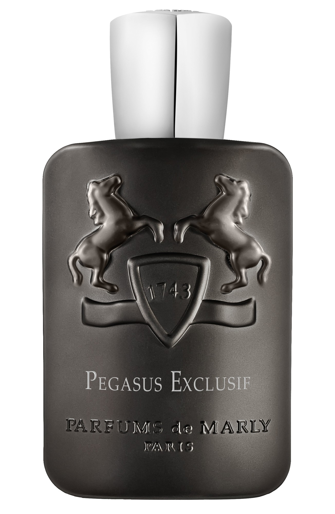 Black rectangular bottle with a silver cap, featuring two rearing horses and the text "Pegasus Exclusif" and "Parfums de Marly" embossed on the front.