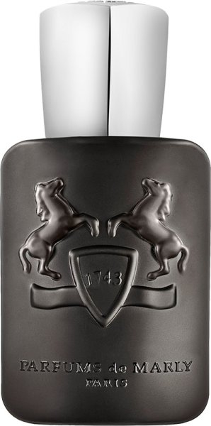 Black rectangular bottle with a shiny silver cap, featuring embossed horses and a shield design, labeled "Parfums de Marly 1743" and "Pegasus Exclusif Eau De Parfum."