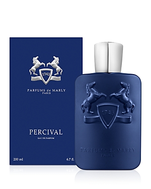 Blue bottle of Parfums De Marly Percival Eau De Parfum, 200 ml, with a silver cap, displayed alongside a matching blue box featuring a horse emblem and the brand name.