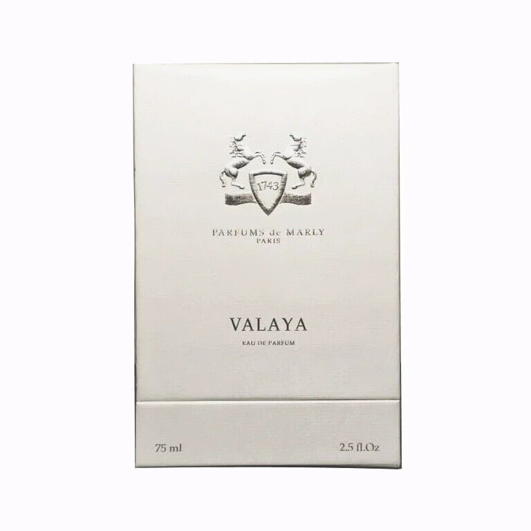 Elegant white box with embossed silver crest and "Valaya" label, featuring a minimalist design, indicating 75ml of luxury feminine fragrance by Parfums de Marly.