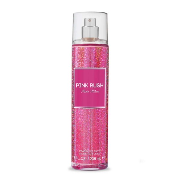 Clear spray bottle filled with shimmering pink liquid, featuring a white label that reads "PINK RUSH" and "Paris Hilton," with a silver cap and an 8 oz capacity.