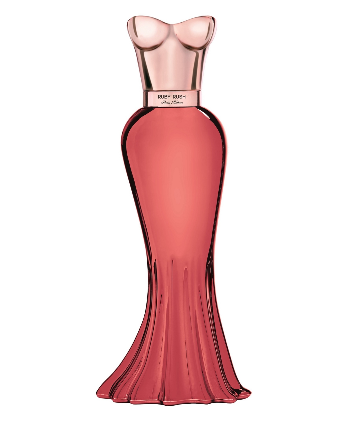 Ruby Rush by Paris Hilton features a striking bottle shaped like a woman's silhouette, with a pink gradient color and a glossy finish, standing 3.4 oz.