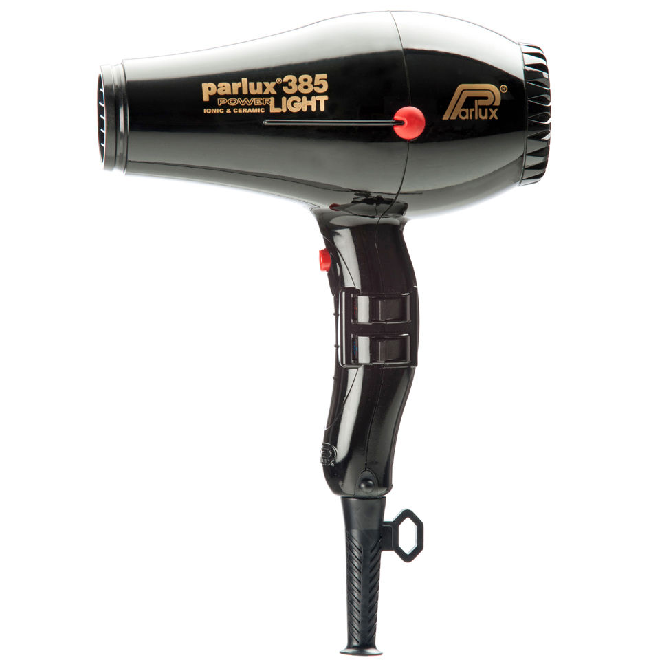 Parlux 385 Power Light Ionic Ceramic Hair Dryer in sleek black with a red button, featuring a lightweight design and a professional finish for efficient hair drying.