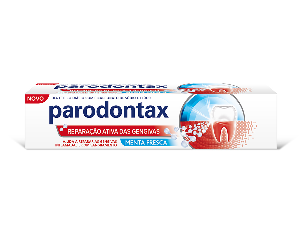 Parodontax toothpaste box features a white and red design with a prominent blue logo, highlighting "Reparação Ativa das Gengivas" and a fresh mint flavor, alongside a graphic of a tooth.