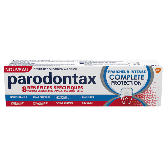 Parodontax toothpaste tube in a white and blue design, featuring "Intense Freshness" and "Complete Protection" labels, with a prominent tooth graphic and French text on the packaging.