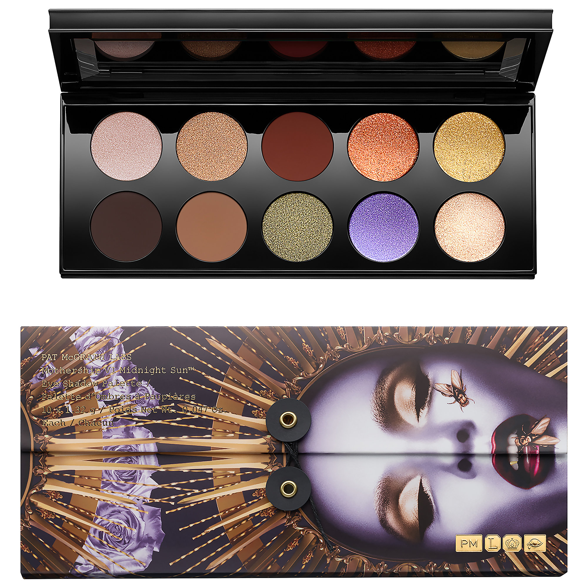 Mothership VI Midnight Sun Eye Shadow Palette features eight shades in warm tones, including browns, golds, and purples, housed in a sleek black case with a striking floral design.