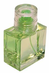 Clear glass bottle with a rectangular shape, featuring a green liquid inside and a transparent green cap, labeled as "Paul Smith Men Aftershave Spray - 100ml."