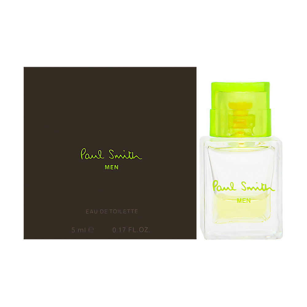 Clear glass mini bottle with a bright green cap, containing light yellow EDT, alongside a dark brown box featuring "Paul Smith MEN" in vibrant green lettering.