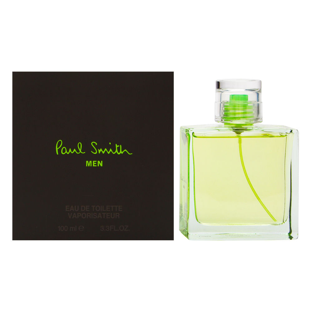Clear glass bottle with a green cap, featuring a light green liquid inside, accompanied by a sleek black box with "Paul Smith Men" written in vibrant green script.