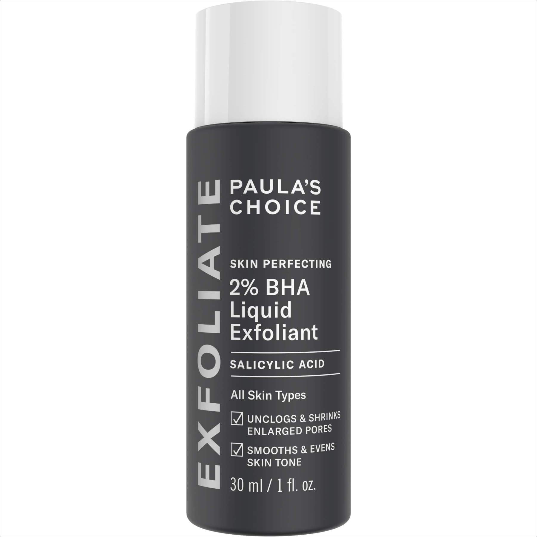 Black bottle with a white cap, labeled "Paula's Choice Skin Perfecting 2% BHA Liquid Exfoliant," 30ml, featuring text highlighting benefits for all skin types.