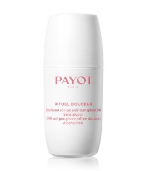White cylindrical roll-on deodorant with a pink label, featuring the brand name "PAYOT" and the product name "RITUEL DOUCEUR," highlighting its alcohol-free formula.