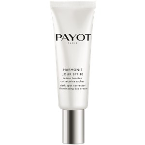 White tube with a silver pump, labeled "Payot Harmonie Jour SPF30 Dark Spot Corrector," featuring a minimalist design and a 40 ml capacity.