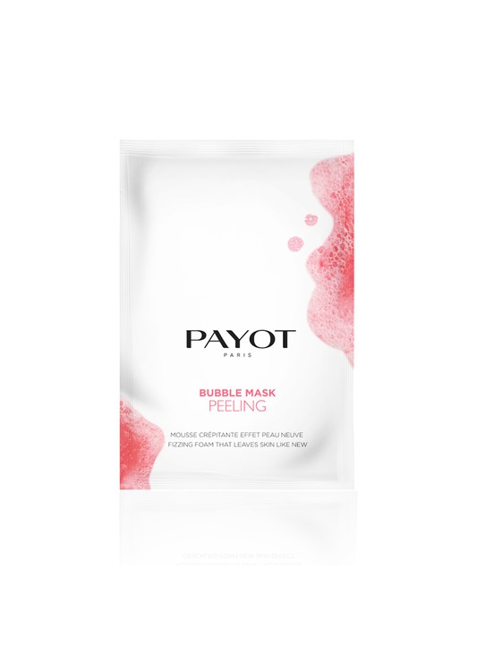 White sachet featuring pink bubble graphics, labeled "PAYOT PARIS BUBBLE MASK PEELING," designed for skin exfoliation with a fizzy foam effect.