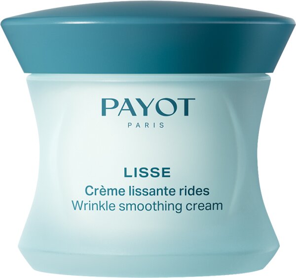 Light blue jar with a teal lid, labeled "PAYOT PARIS LISSE Crème lissante rides" for anti-wrinkle smoothing, containing 50ml of cream.