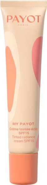 My Payot Tinted Radiance Cream SPF15 in a 40ml tube features a soft peach and coral design with a light beige background, highlighting its moisturizing and illuminating properties.