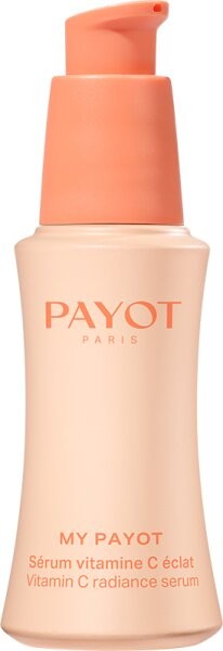 Light peach-colored bottle with a pump top, featuring "PAYOT" and "MY PAYOT" in elegant orange text, designed for a vitamin C radiance serum.