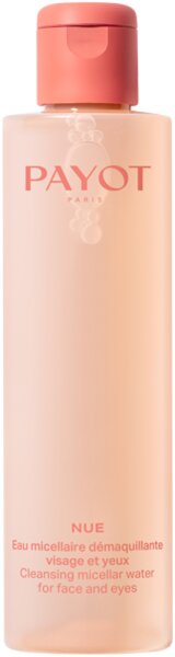 Clear plastic bottle of Payot Nue Cleansing Micellar Water, 200ml, featuring a soft pink label and cap, with elegant white text detailing its use for face and eyes.