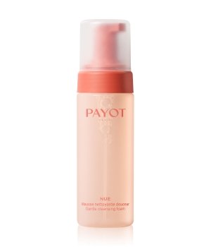 Payot NUE Gentle Cleansing Mousse in a 150 ml transparent bottle with a pink pump and cap, featuring a soft peach-colored label with "PAYOT" prominently displayed.