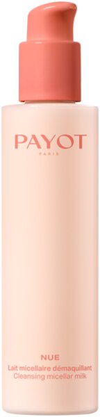 Light pink bottle of Payot Nude Micellar Cleansing Milk, featuring a pump dispenser and elegant branding in white and coral, labeled in French and English.