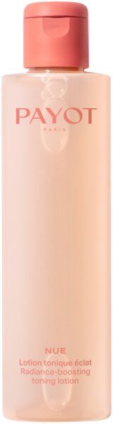 Clear, cylindrical bottle of Payot Nue Radiance-Boosting Toning Lotion, featuring a soft pink cap and label with white text, 200ml size.