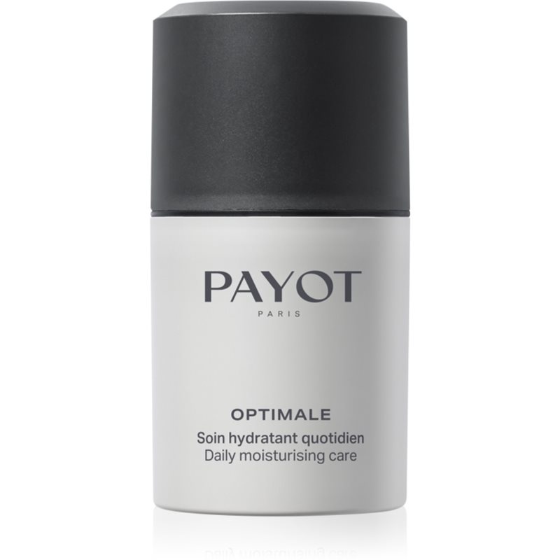 White cylindrical bottle with a matte finish, featuring a black cap; labeled "PAYOT PARIS OPTIMALE" and "Soin hydratant quotidien" for daily moisturising care, 50ml.