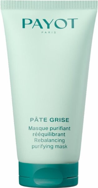 Light green tube of Payot Pâte Grise Rebalancing Purifying Mask, featuring a flip-top cap and white text detailing the product name and description.