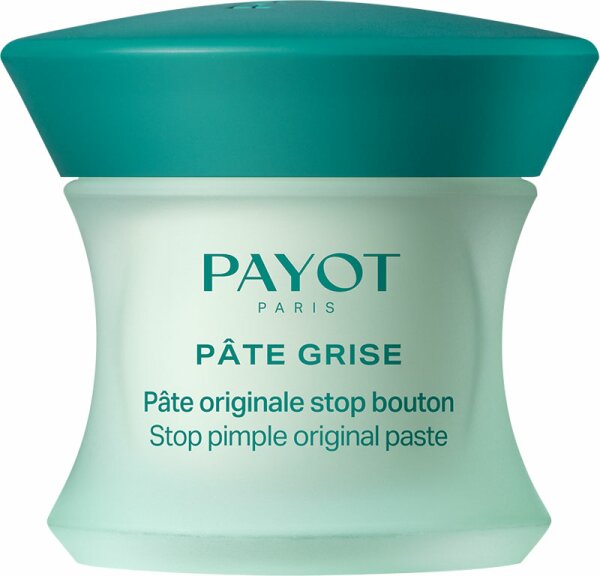 Light green jar with a teal lid, labeled "PAYOT PÂTE GRISE" and "Stop Pimple Original Paste," containing 15ml of acne treatment.