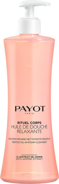 Pink plastic bottle with a pump dispenser, labeled "PAYOT RITUEL CORPS HUILE DE DOUCHE RELAXANTE," featuring floral design elements and indicating jasmine extract for gentle cleansing.